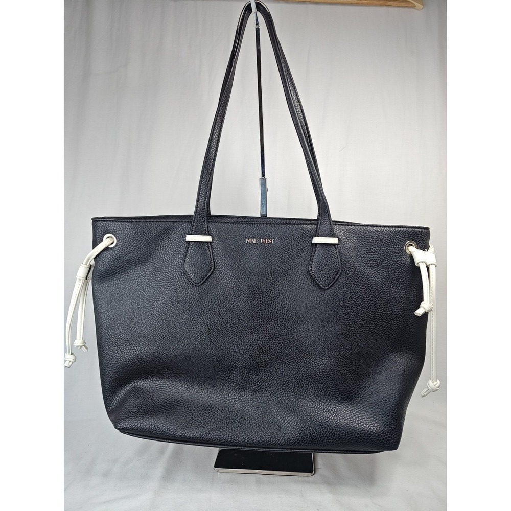 Nine West Shoulder Tote Bag Black Pebbled Faux Leather Side Cinch Draw Purse